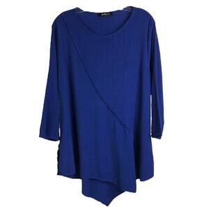 Yushi Tunic Top Women Blue Asymmetrical Hem Long Sleeve Pullover Blouse Crewneck